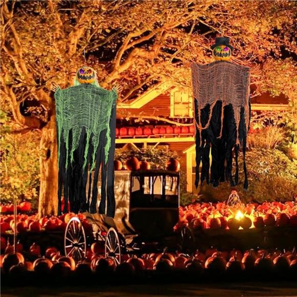 2 Pack 5.2' Hanging Ghost Pumpkin w/ Bendable Arms, Color Changing Lighted Eyes - Picture 5 of 6